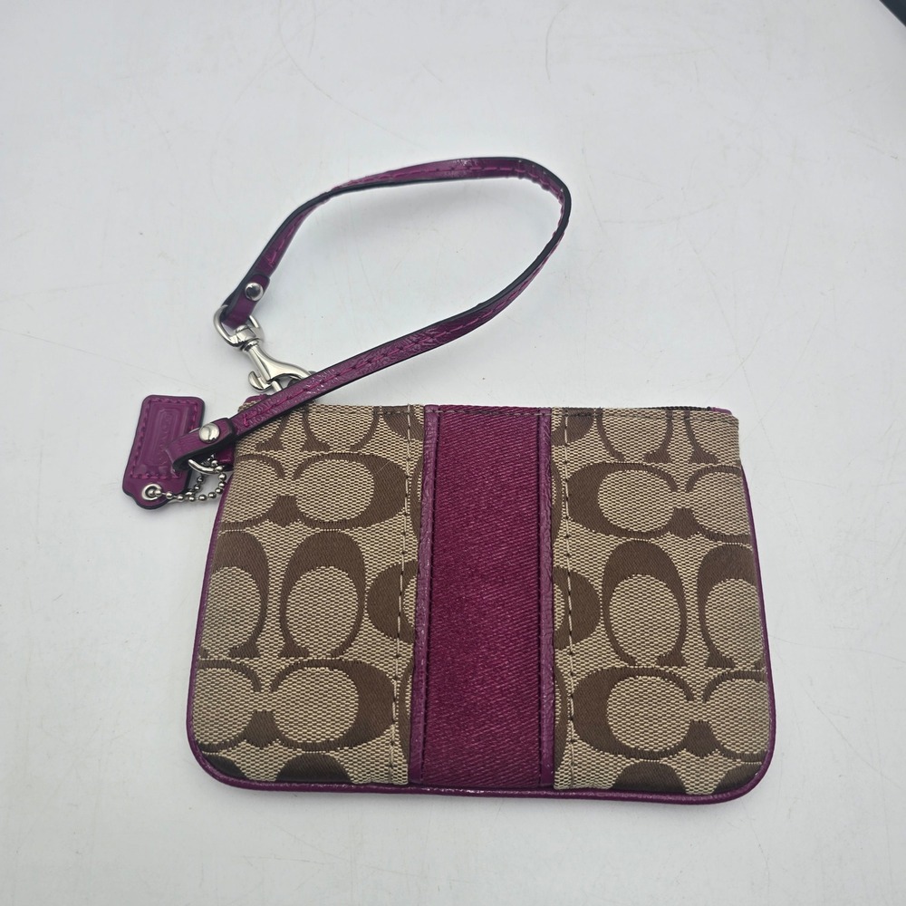 Coach Signature Stripe Wristlet Khaki Brown Purple Magenta Jacquard Y2K